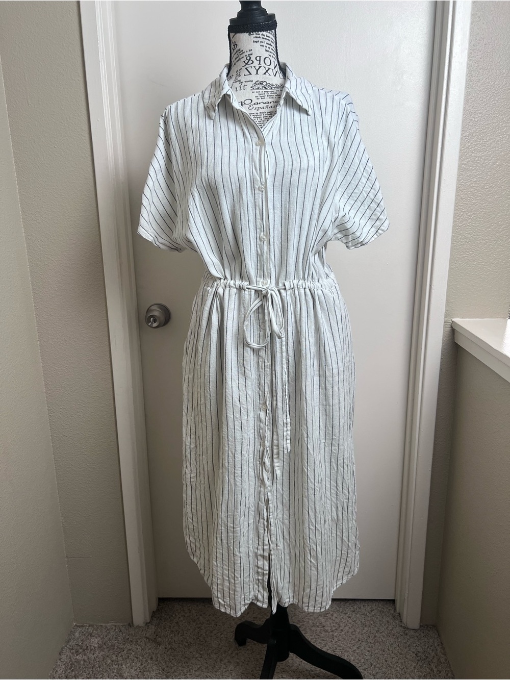 A New Day Linen Blend Pinstripe Button Front Shirt Dress M